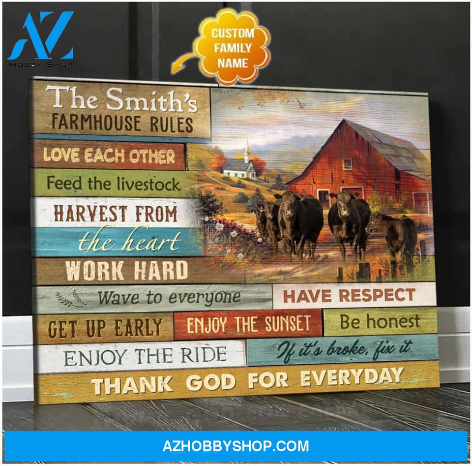 Personalized Farmhouse Rules Angus Cows Canvas Wall Art Decor