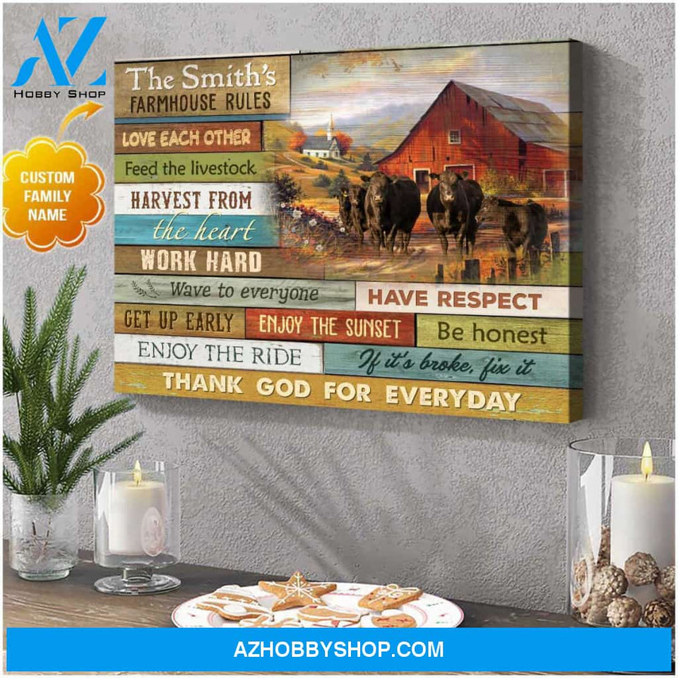 Personalized Farmhouse Rules Angus Cows Canvas Wall Art Decor
