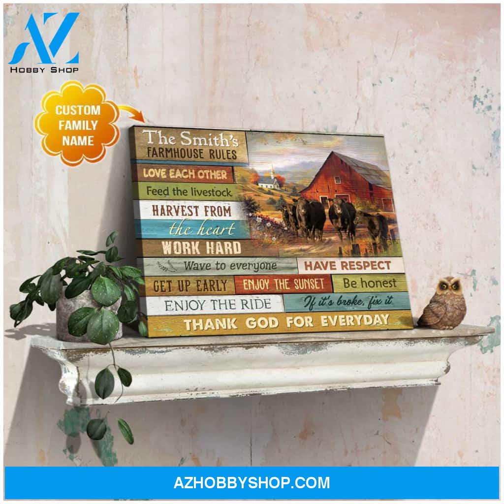 Personalized Farmhouse Rules Angus Cows Canvas Wall Art Decor