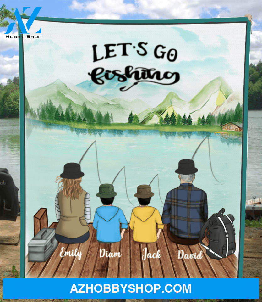 Personalized fishing fleece blanket gift idea for the whole family - Parents & 2 Kids - Let's go fishing