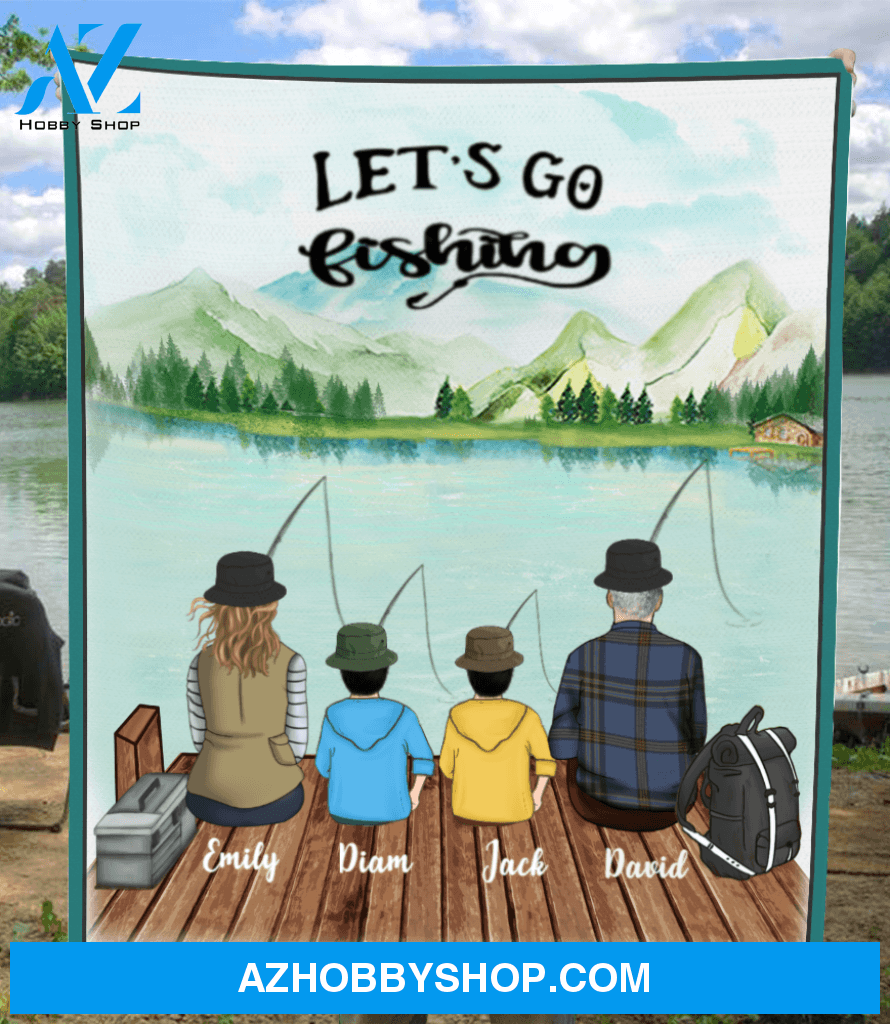 Personalized fishing fleece blanket gift idea for the whole family - Parents & 2 Kids - Let's go fishing