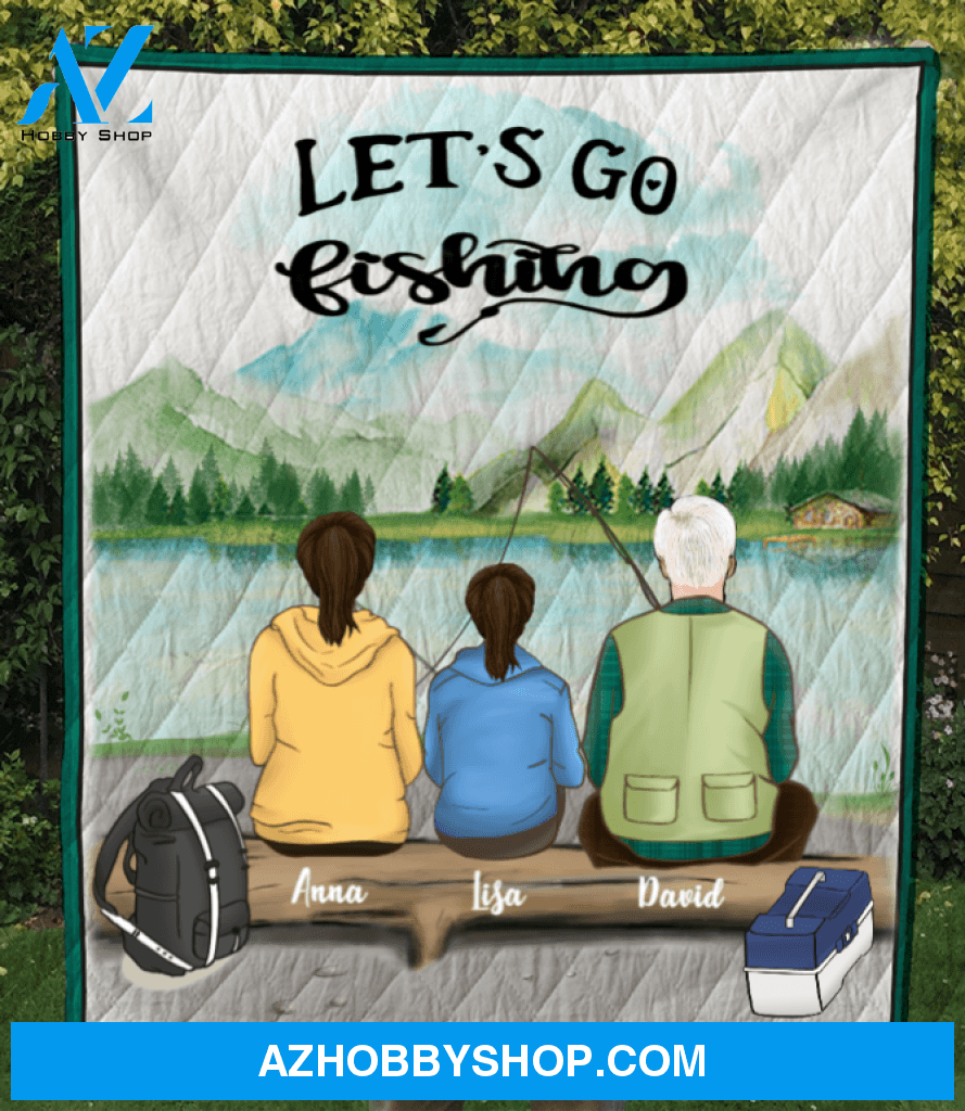 Personalized fishing quilt blanket gift idea for the whole family - Parents & 1 Teen go fishing