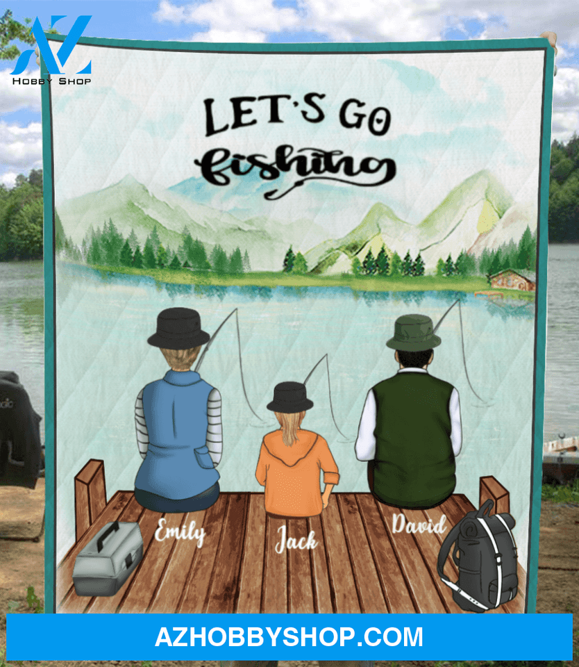 Personalized fishing quilt blanket gift idea for the whole family - Parents & 1 Kid V5 - Let's go fishing