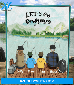 Personalized fishing quilt blanket gift idea for the whole family - Parents & 2 Kids go fishing - Let's go fishing