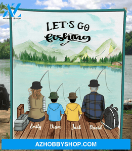 Personalized fishing fleece blanket gift idea for the whole family - Parents & 2 Kids - Let's go fishing