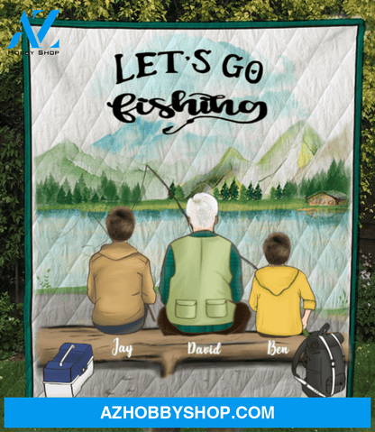 Personalized Fishing Blanket Gift For Dad/Single Dad - Dad & 2 kids fishing quilt blanket - Let’s go fishing V2