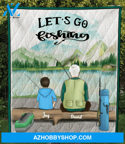 Personalized Fishing Blanket Gift For Dad/Single Dad - Dad & 1 kid fishing quilt blanket - Let’s go fishing V2