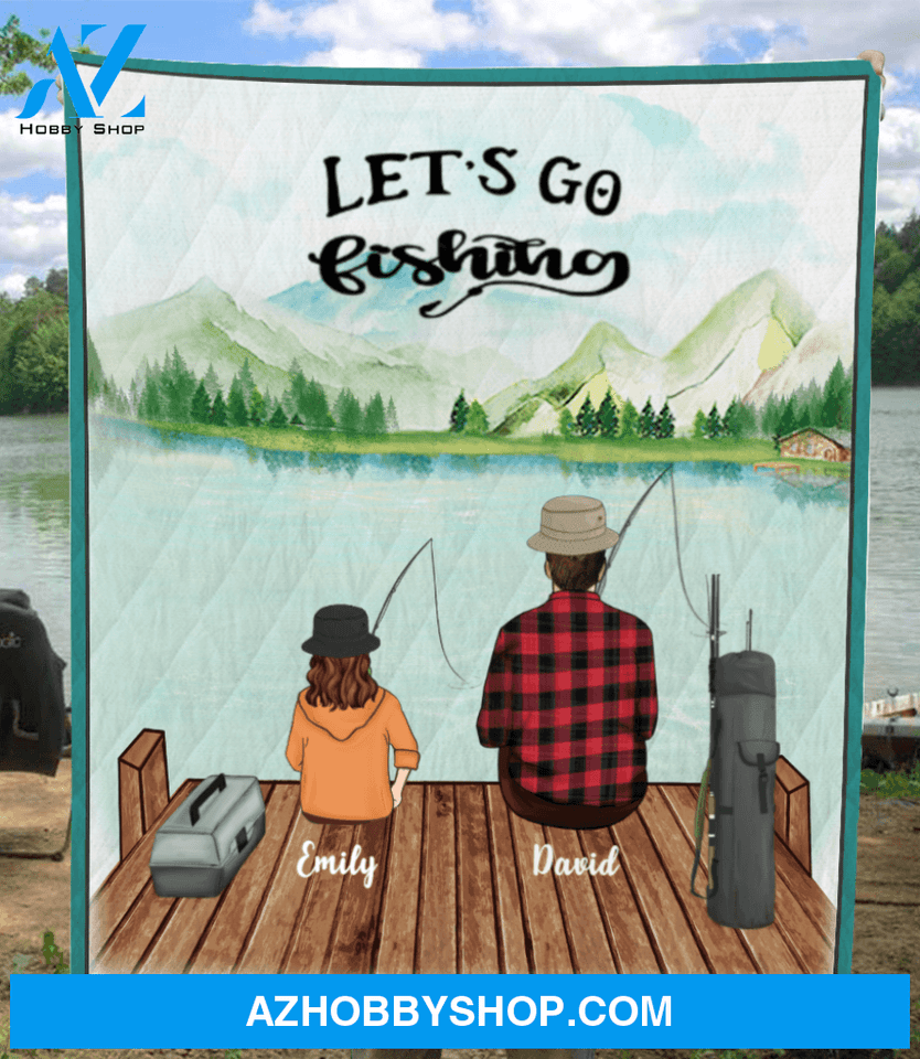 Personalized Fishing Blanket Gift For Dad/Single Dad - Dad & 1 Kid Fleece Blanket - Let's go fishing