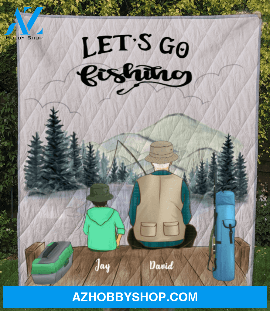 Personalized Fishing Blanket Gift For Dad/Single Dad - Dad & 2 kids fishing quilt blanket - Let’s go fishing V3