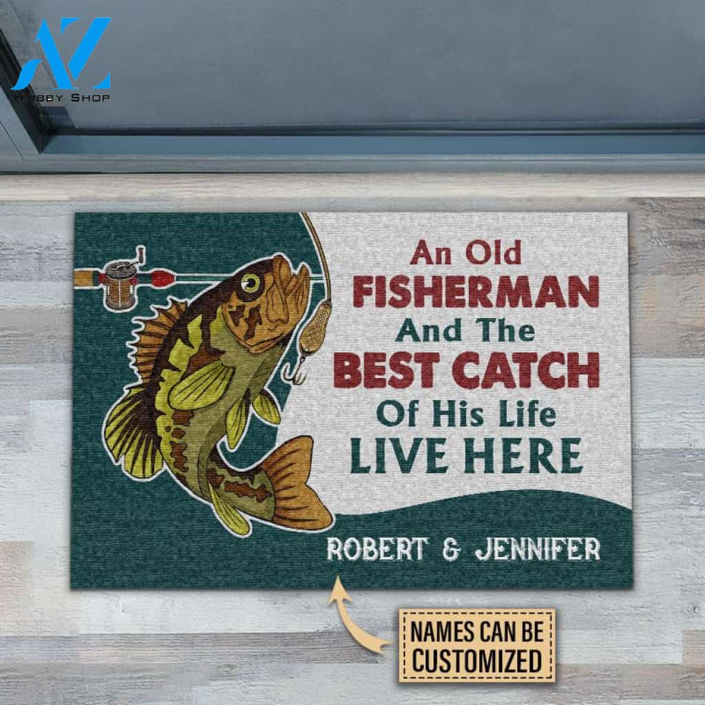Personalized Fishing Old Fisherman Turquoise Custom Doormat