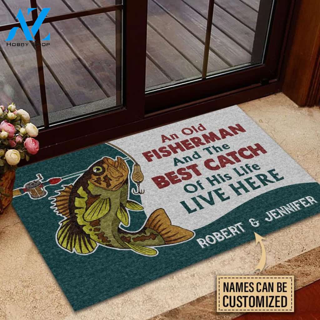 Personalized Fishing Old Fisherman Turquoise Custom Doormat