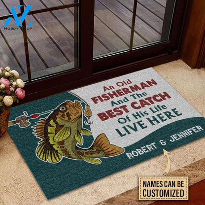 Personalized Fishing Old Fisherman Turquoise Custom Doormat