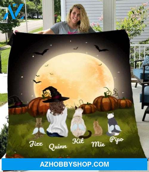 Personalized Fleece Blanket, Halloween Blanket Halloween Gift Custom Cat And Girl Pg1273