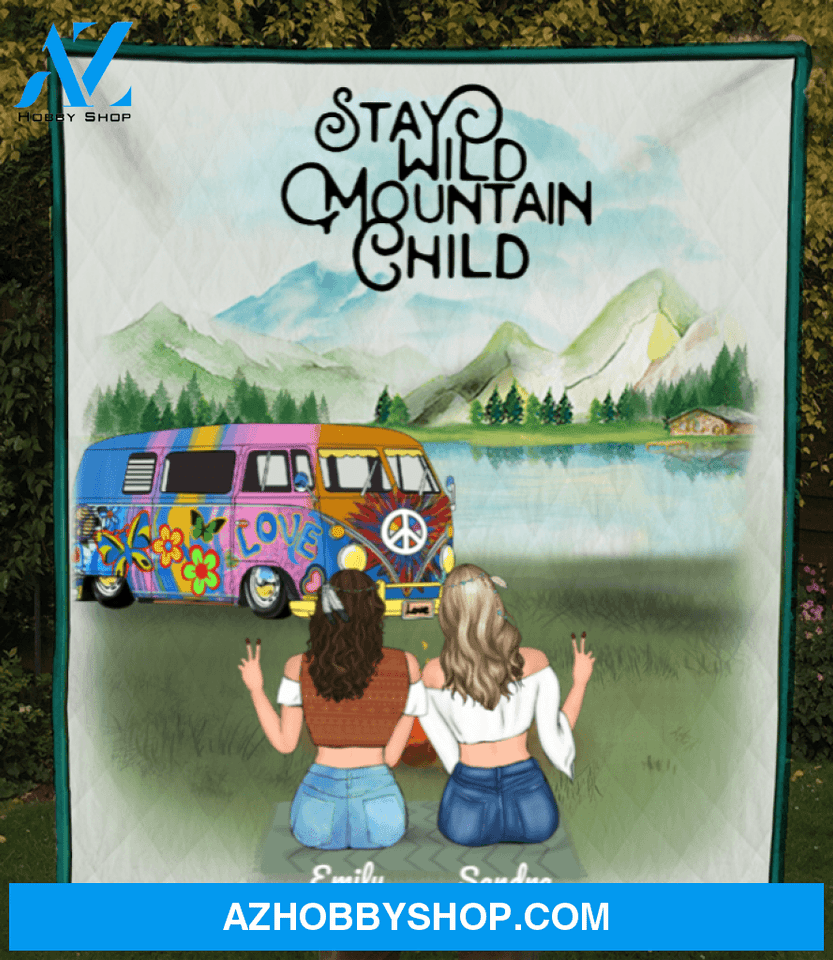 Personalized Gift For Best Friend Blanket - Boho Girls - 2 Camping Besties Quilt