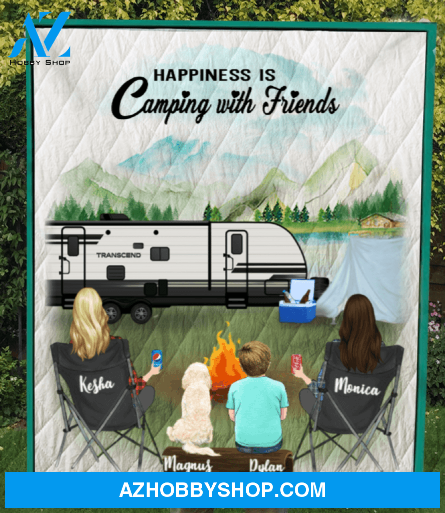 Personalized Gift For Best Friend Blanket - 2 Camping Besties, 1 Dog Or Cat And 1 Kid- Happiness is camping with friends