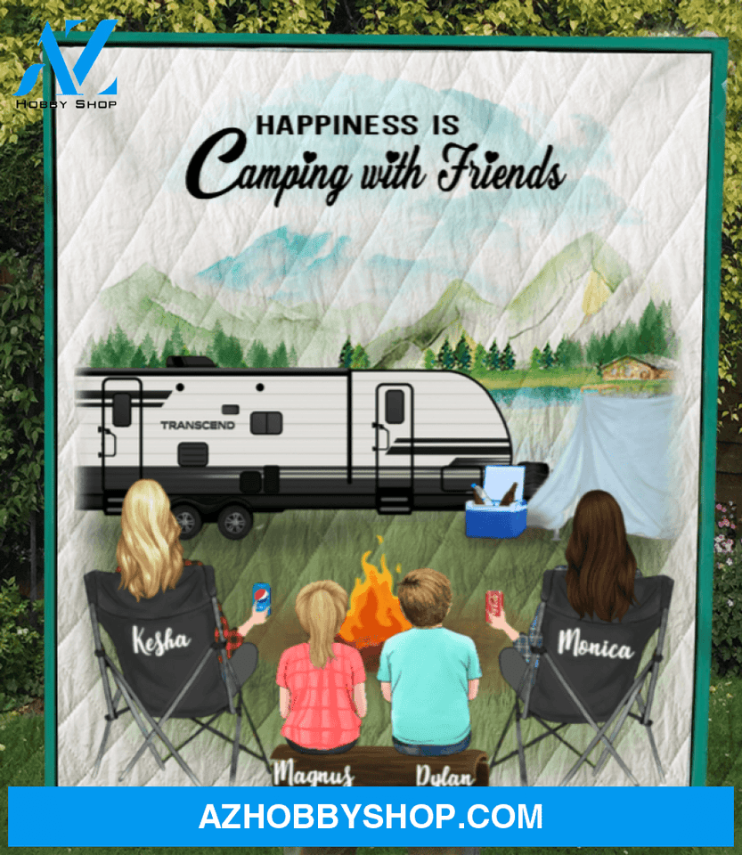 Personalized Gift For Best Friend Blanket - 2 Camping Besties And 2 Kids- Happiness is camping with friends