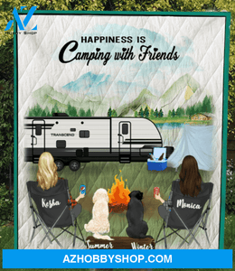 Personalized Gift For Best Friend Blanket - 2 Camping Besties And 2 Dogs Or Cats - Happiness is camping with friends
