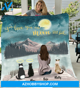 Personalized gift for cat lovers - Mom and 3 cats fleece blanket - Best mother’s day gift ideas - I Love you to the moon and back