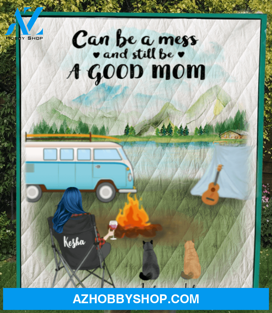 Personalized gift for cat lovers - Mom & 3 cats camping quilt blanket - Cat mom Mother's day - Can be a mess and still be a good mom