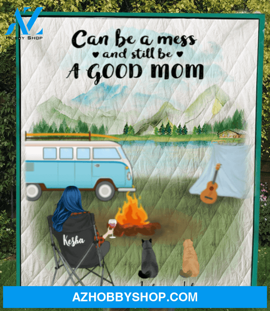 Personalized gift for cat lovers - Mom & 3 cats camping quilt blanket - Cat mom Mother's day - Can be a mess and still be a good mom