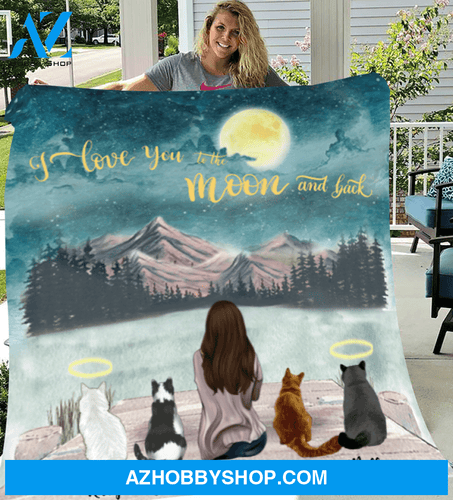 Personalized gift for cat lovers - Mom & 4 cats fleece blanket - Cat mom Mother's day - I love you to the moon and back