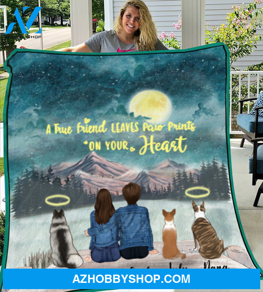 Personalized Gift For Couple Same Sex - Personalized Quilt Blanket - 2 Women & 3 Dogs Quilt Blanket - A true friend leaves paw prints on your heart