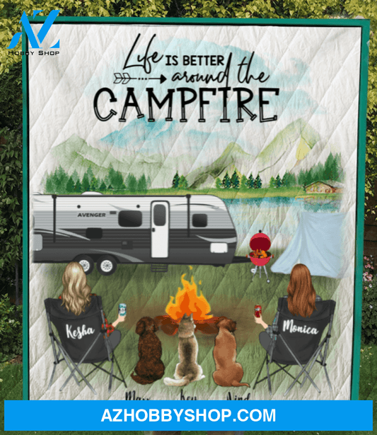 Personalized Gift For Couple Same Sex - Personalized Camping Quilt Blanket - 2 Women & 3 Dogs Or Cats - Life Is Better Around The Campfire