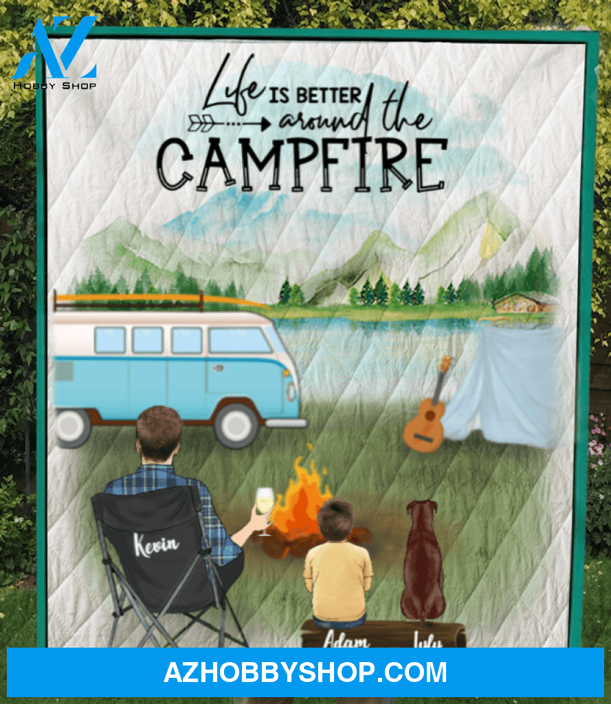 Personalized Gift For Dad, Single Dad - Dad & 1 Kid, 1 Dog Camping Quilt Blanket