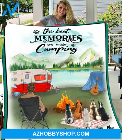 Personalized gift for dog dad fleece blanket - 5 Dogs & Dad camping fleece blanket, The best memories are made camping