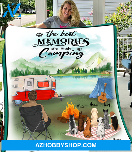 Personalized gift for dog dad fleece blanket - 7 Dogs & Dad camping fleece blanket, The best memories are made camping
