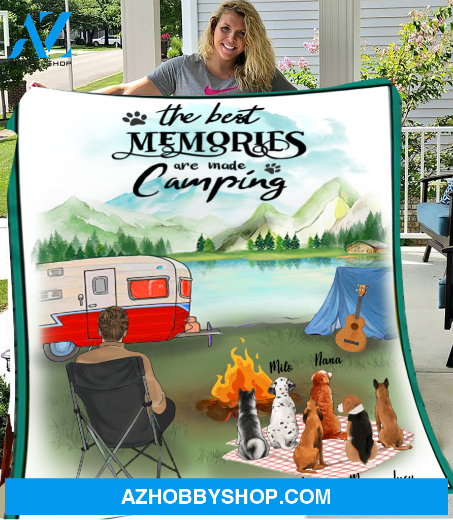 Personalized gift for dog dad fleece blanket - 6 Dogs & Dad camping fleece blanket, The best memories are made camping