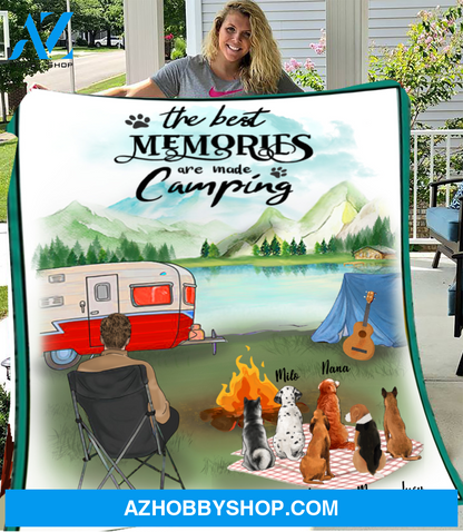 Personalized gift for dog dad fleece blanket - 6 Dogs & Dad camping fleece blanket, The best memories are made camping