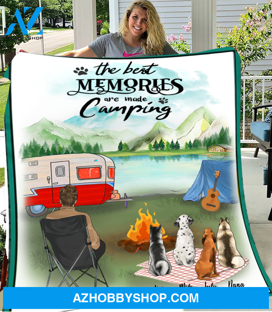 Personalized gift for dog dad fleece blanket - 4 Dogs & Dad camping fleece blanket, The best memories are made camping