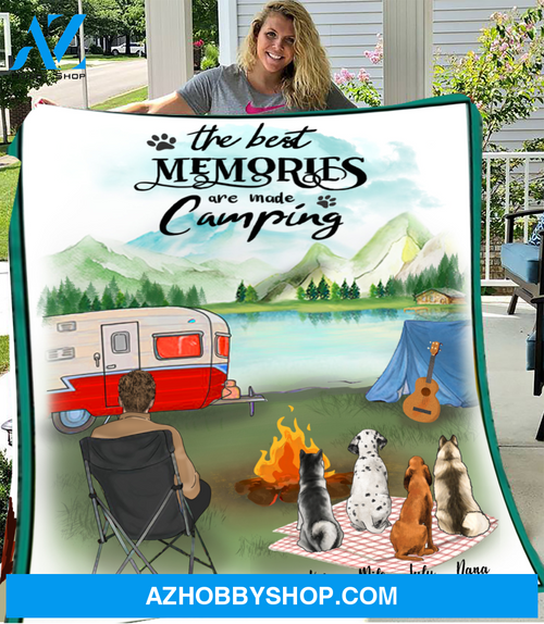 Personalized gift for dog dad fleece blanket - 4 Dogs & Dad camping fleece blanket, The best memories are made camping