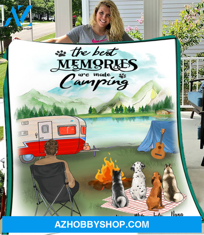 Personalized gift for dog dad fleece blanket - 4 Dogs & Dad camping fleece blanket, The best memories are made camping