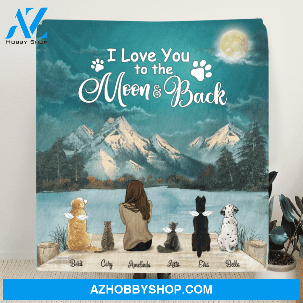 Personalized quilt blanket gift for dog mom, cat lovers - Mom & 5 pets quilt blanket - I love you to the moon and back