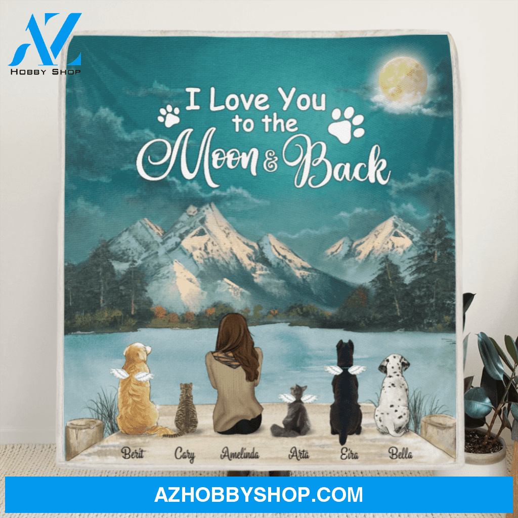 Personalized fleece blanket gift for dog mom, cat lovers - Mom & 5 pets fleece blanket - I love you to the moon and back