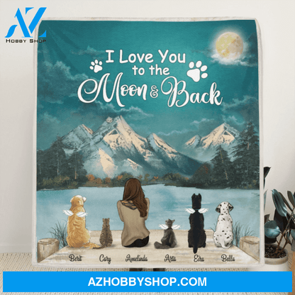 Personalized fleece blanket gift for dog mom, cat lovers - Mom & 5 pets fleece blanket - I love you to the moon and back