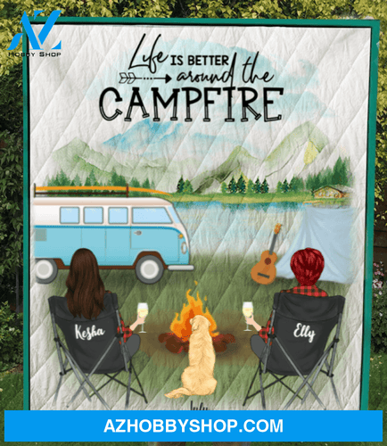 Personalized Gift For Same Sex Couple - Personalized Camping Blanket - 2 Women & 1 Dog Camping Quilt - Life is better around the campfire