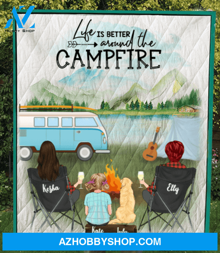 Personalized Gift For Same Sex Couple - Personalized Camping Blanket - 2 Women & 1 Kid, 1 Dog Camping Quilt - Life is better arounf the campfire