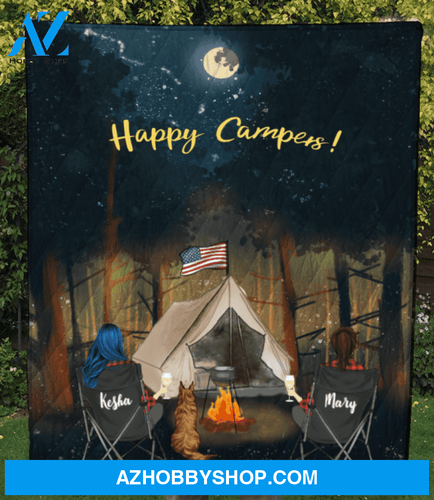 Personalized Gift For Same Sex Couple - Personalized Camping Blanket - 2 Women & 1 Pet Forest Camping Quilt Blanket