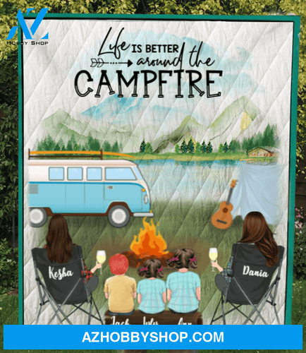 Personalized Gift For Same Sex Couple - Personalized Camping Blanket - 2 Women & 3 Kids Camping Quilt - Life is better arounf the campfire