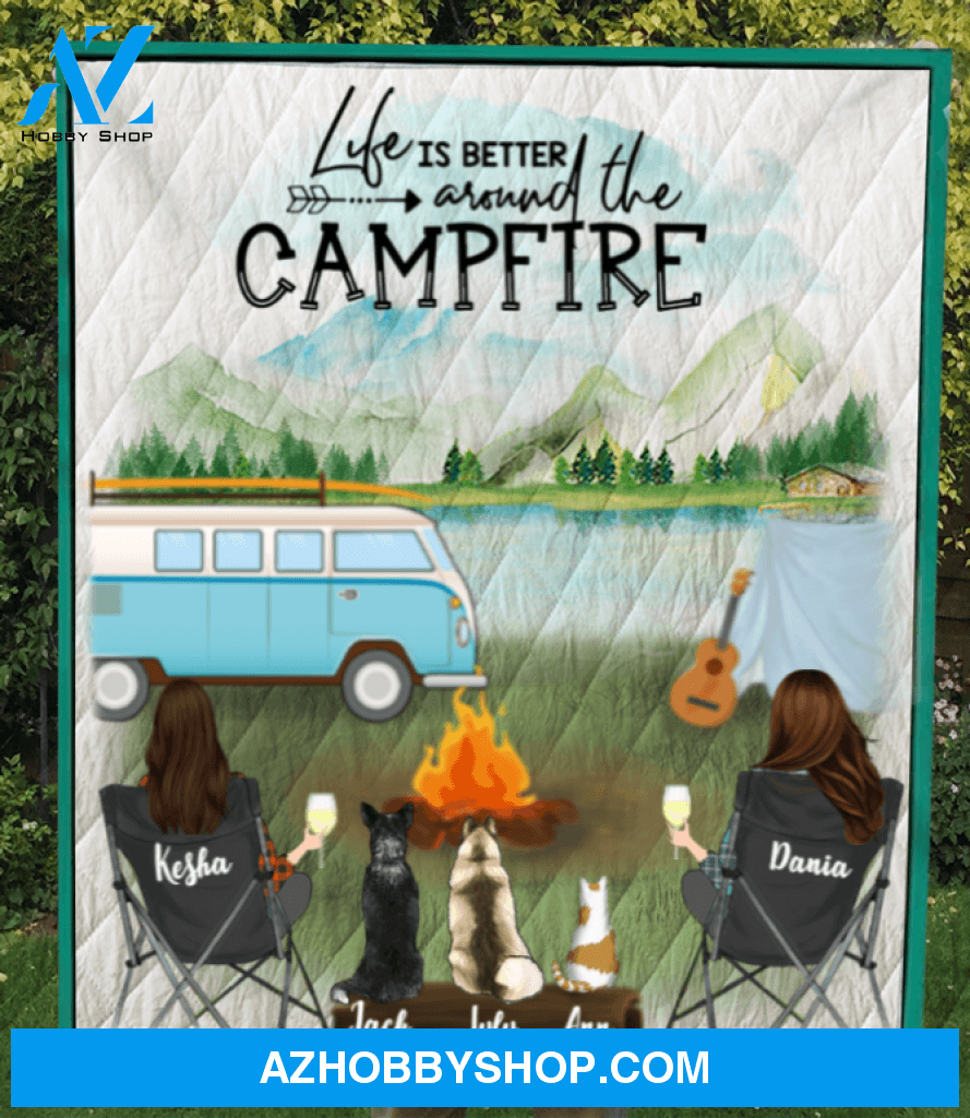 Personalized Gift For Same Sex Couple - Personalized Camping Blanket - 2 Women & 3 Pets Camping Quilt Blanket - Life is better arounf the campfire