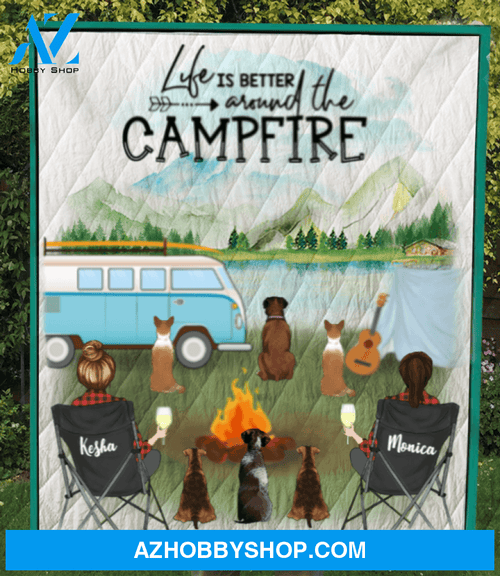Personalized Gift For Same Sex Couple - Personalized Camping Blanket - 2 Women & 6 Pets Camping Quilt Blanket - Life is better around the campfire