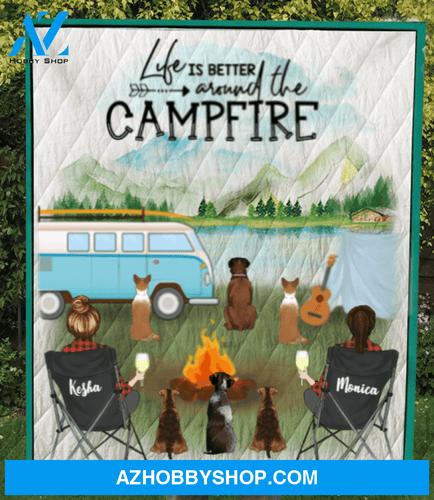 Personalized Gift For Same Sex Couple - Personalized Camping Blanket - 2 Women & 6 Pets Camping Quilt Blanket - Life is better around the campfire
