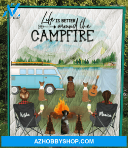 Personalized Gift For Same Sex Couple - Personalized Camping Blanket - 2 Women & 6 Pets Camping Quilt Blanket - Life is better around the campfire