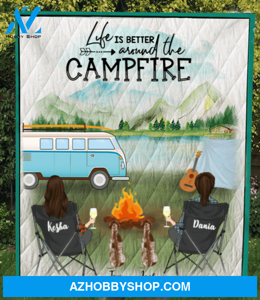 Personalized Gift For Same Sex Couple - Personalized Camping Blanket - 2 Women & 2 dogs Camping Quilt - Life is better around the campfire