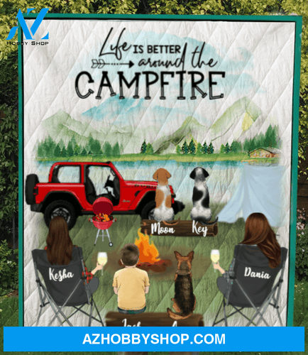 Personalized Gift For Same Sex Couple - Personalized Camping Blanket - 2 Women with 1 Kid & 3 Pets Camping Quilt Blanket - Life is better around the campfire