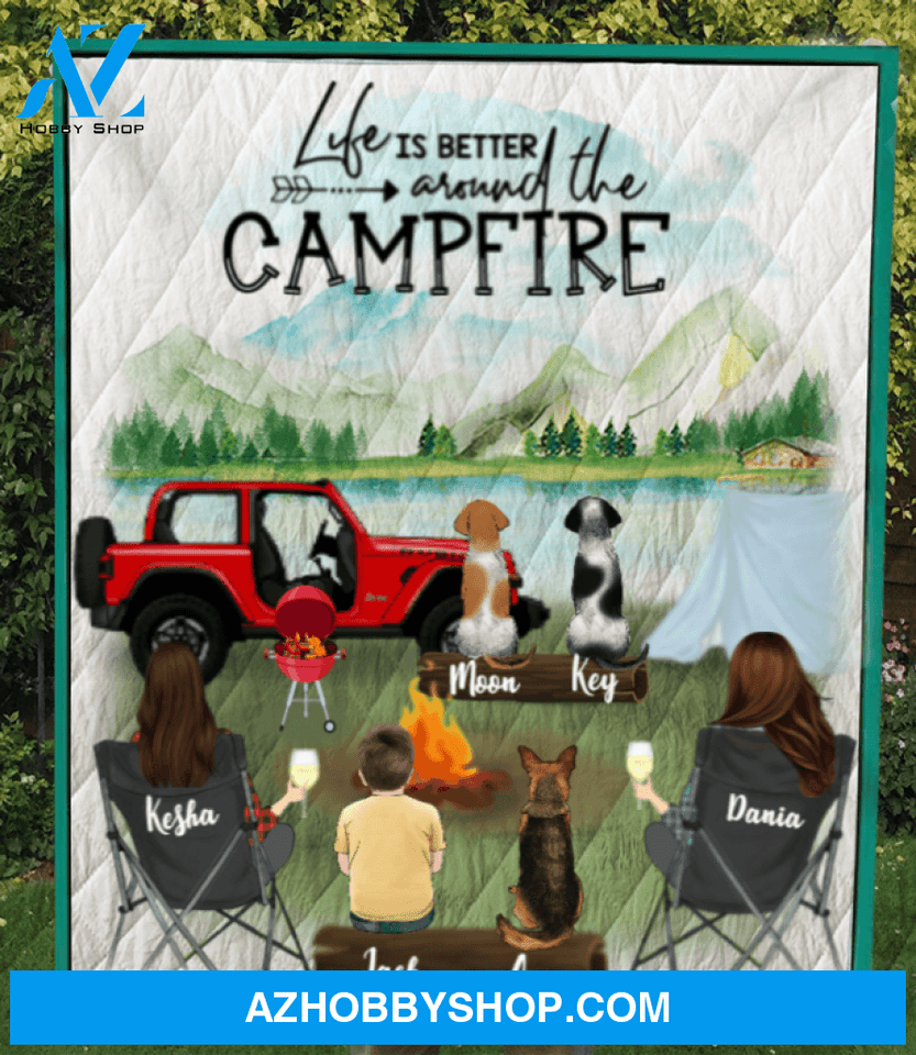 Personalized Gift For Same Sex Couple - Personalized Camping Blanket - 2 Women with 1 Kid & 3 Pets Camping Quilt Blanket - Life is better around the campfire
