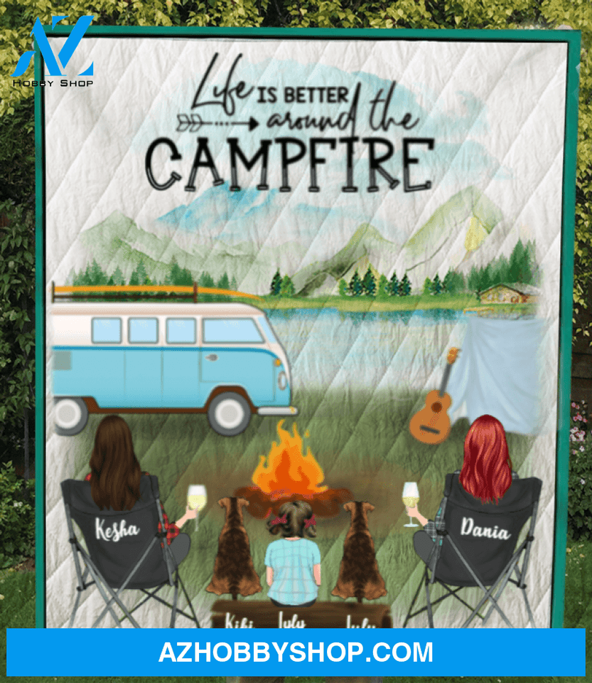 Personalized Gift For Same Sex Couple - Personalized Camping Blanket - 2 Women with 1 Kid & 2 Dogs Camping Quilt Blanket - Life is better around the campfire